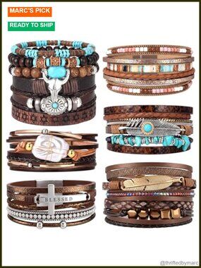 6Pc Boho Leather Wrap Bracelet Set Adjustable Stackable Western Cow Charm